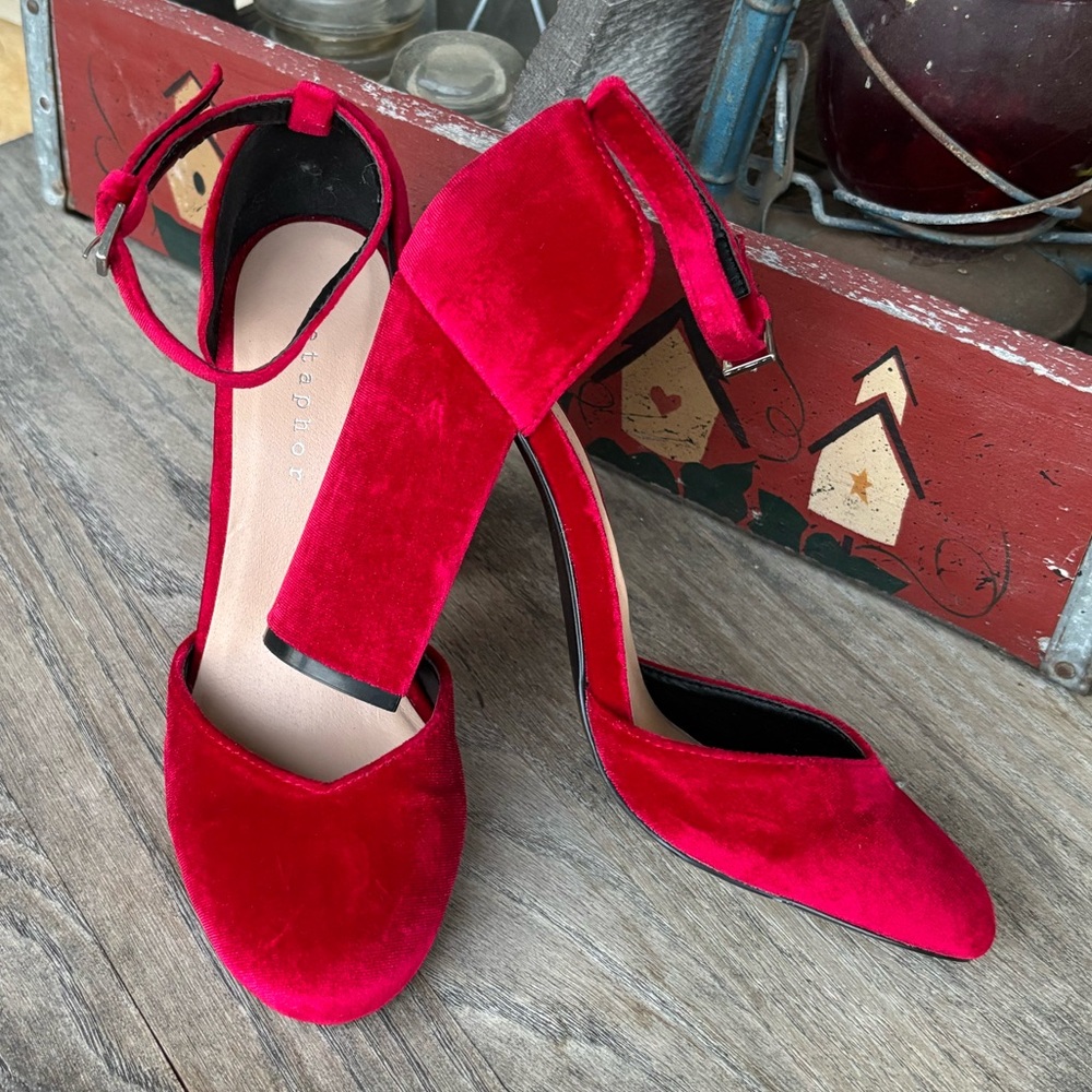 Metaphore Red Velvet Ankle Strap Chunky Heels